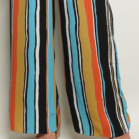 Blue Multi-color Stripe Strapless Elastic Waist Jumpsuit - Picture 3 of 8